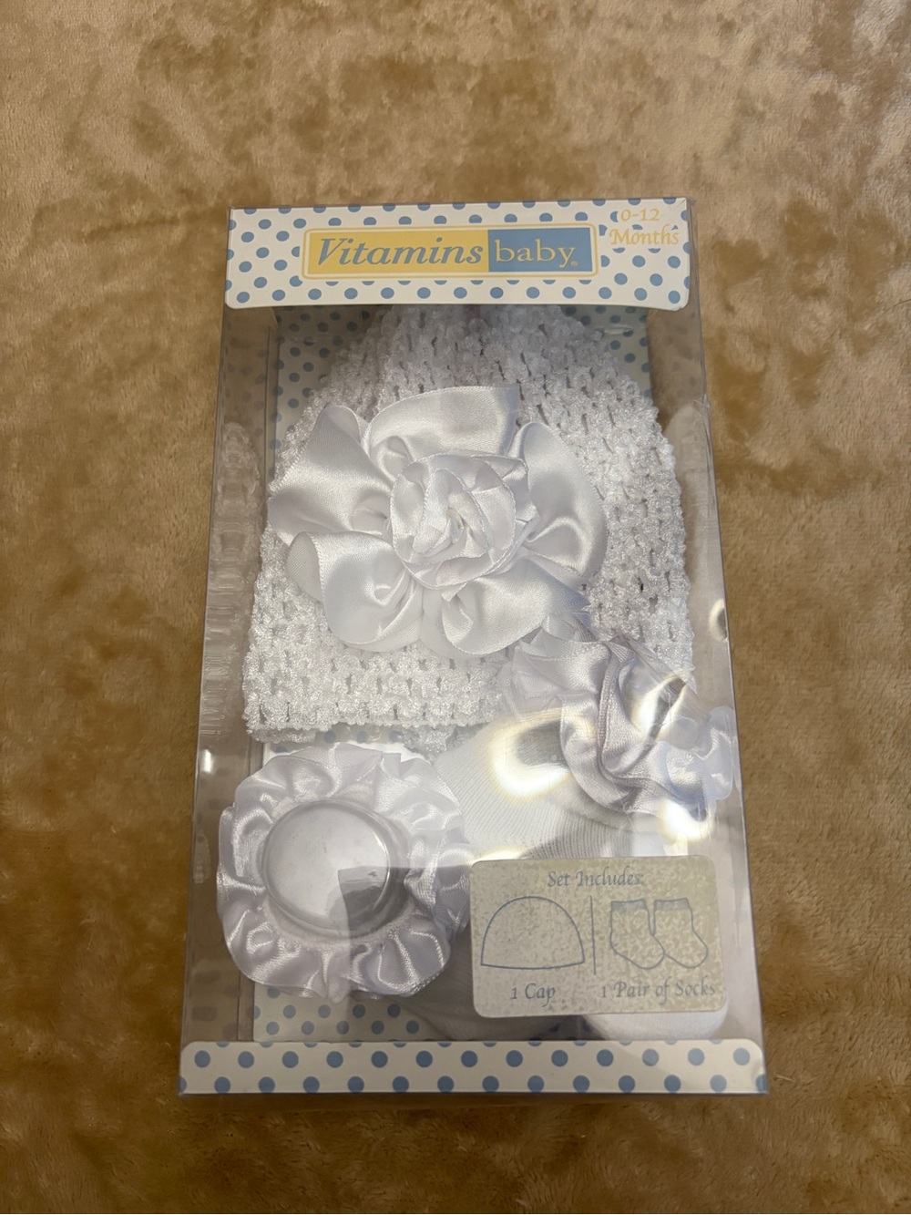 Vitamins Baby White Knit Newborn Hat & Satin Flower Socks Set
